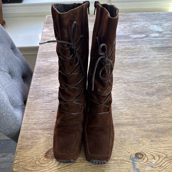 Elle Brown Chestnut Suede Womens Size 7-7.5 Boot Lace Up Square Toe Mid Calf - Picture 3 of 8